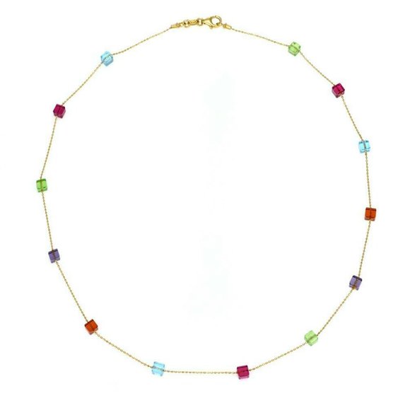 14k YGold Multicolor Gems Cube Charms Necklace - Picture 3 of 5